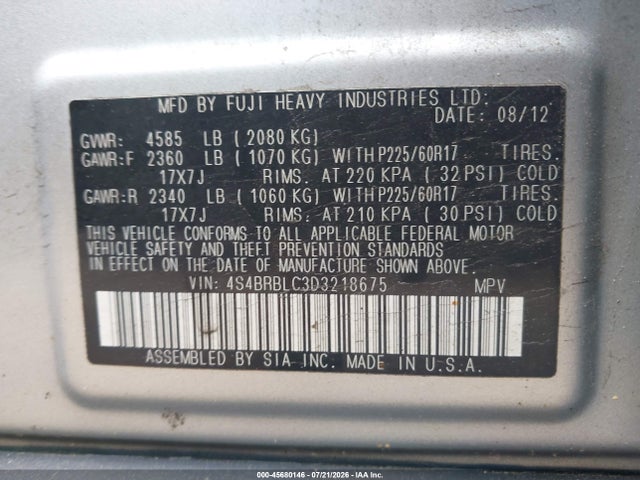 45680146 :رقم المزاد ، 4S4BRBLC3D3218675 vin ، 2013 Subaru Outback 2.5i Limited مزاد بيع