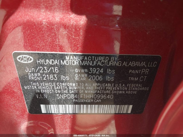 Продаж на аукціоні авто 2017 Hyundai Elantra Limited, vin: 5NPD84LF1HH099640, номер лоту: 45680171