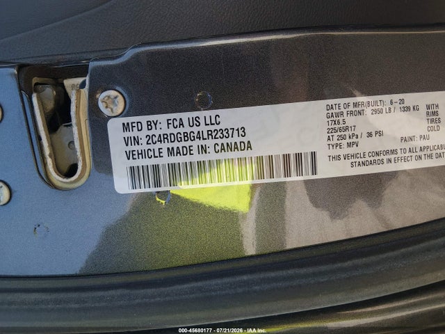 Продажа на аукционе авто 2020 Dodge Grand Caravan Se Plus, vin: 2C4RDGBG4LR233713, номер лота: 45680177