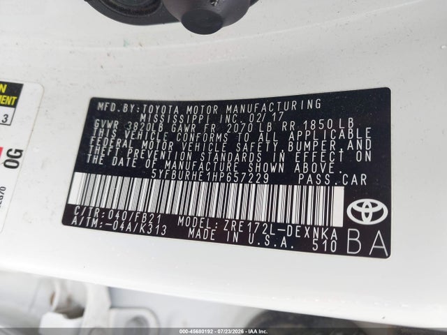 Aukcja sprzedaży 2017 Toyota Corolla Le, vin: 5YFBURHE1HP657229, numer aukcji: 45680192