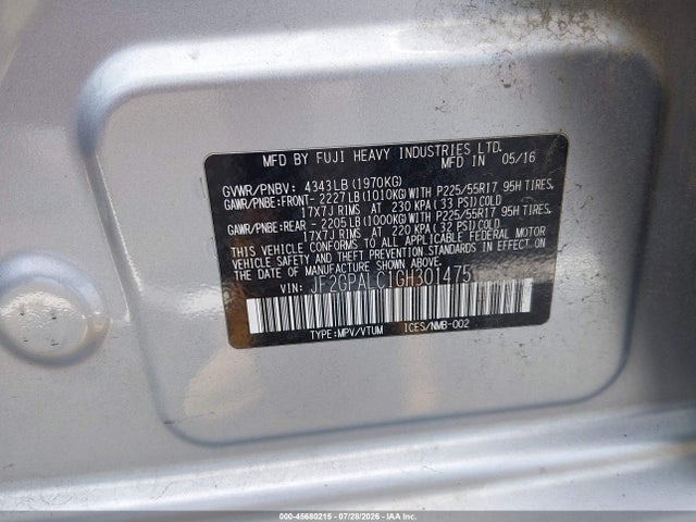 45680215 :رقم المزاد ، JF2GPALC1GH301475 vin ، 2016 Subaru Crosstrek 2.0i Limited مزاد بيع