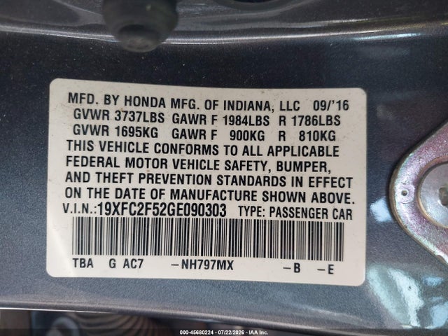 2016 Honda Civic Lx მანქანა იყიდება აუქციონზე, vin: 19XFC2F52GE090303, აუქციონის ნომერი: 45680224