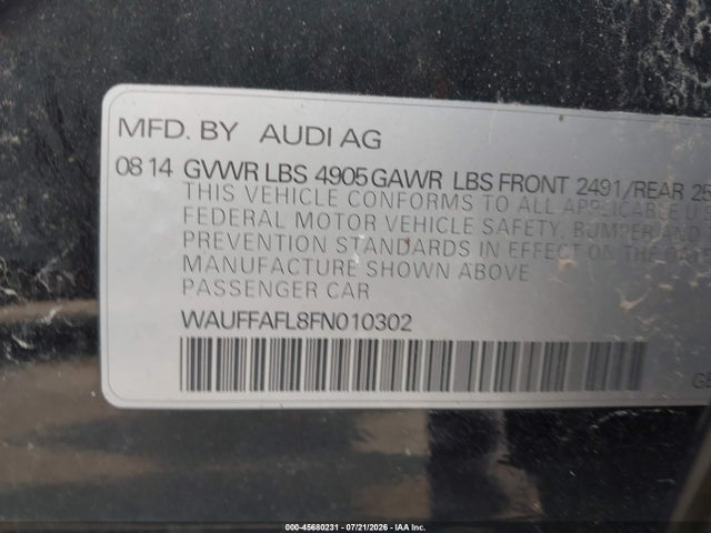 2015 Audi A4 2.0t Premium მანქანა იყიდება აუქციონზე, vin: WAUFFAFL8FN010302, აუქციონის ნომერი: 45680231