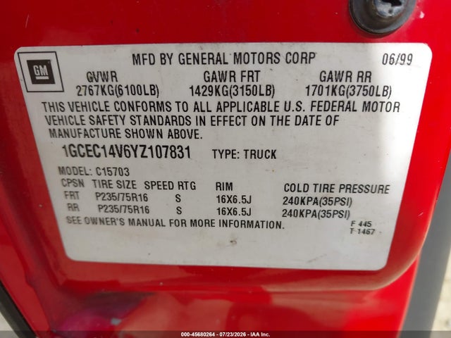 45680264 :رقم المزاد ، 1GCEC14V6YZ107831 vin ، 2000 Chevrolet Silverado 1500 مزاد بيع