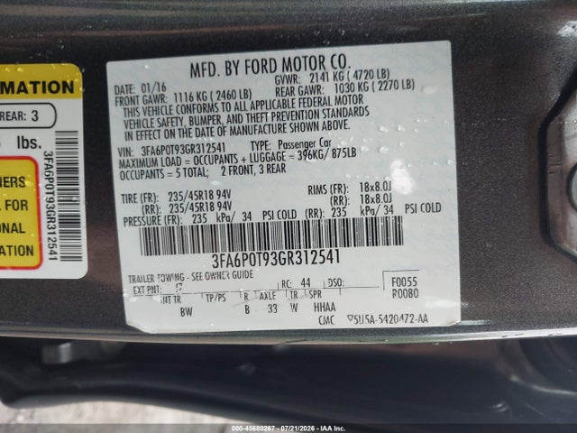 Auction sale of the 2016 Ford Fusion Se, vin: 3FA6P0T93GR312541, lot number: 45680267