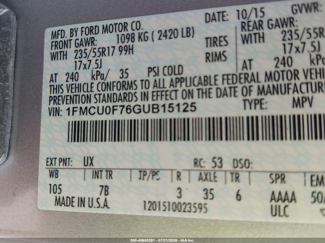 Ford ESCAPE S 2016 1FMCU0F76GUB15125 Image 9