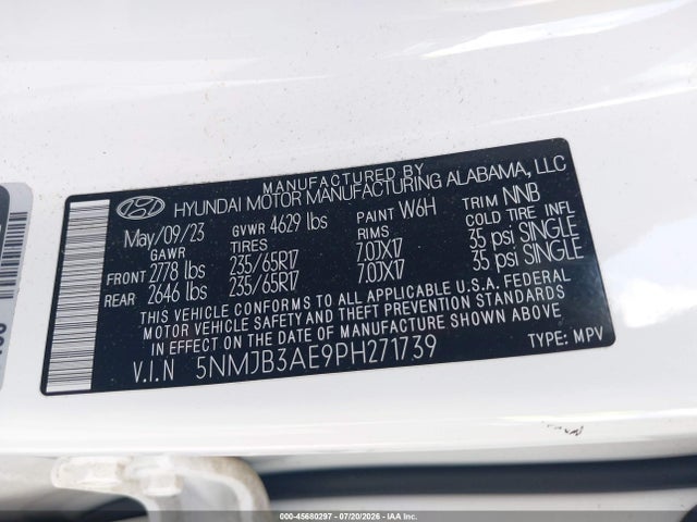 Aukcja sprzedaży 2023 Hyundai Tucson Sel, vin: 5NMJB3AE9PH271739, numer aukcji: 45680297