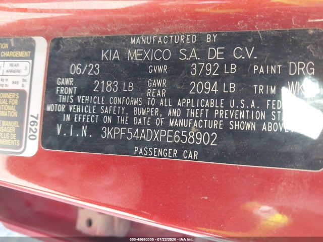 45680305 :رقم المزاد ، 3KPF54ADXPE658902 vin ، 2023 Kia Forte Gt-line مزاد بيع