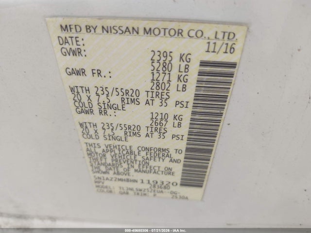 Продаж на аукціоні авто 2017 Nissan Murano Platinum, vin: 5N1AZ2MH8HN119320, номер лоту: 45680306