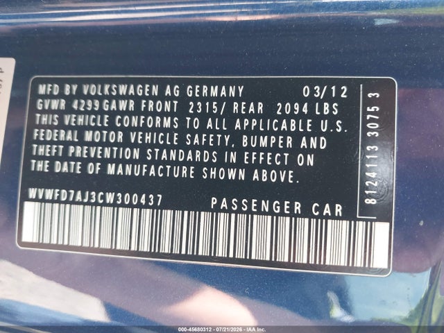 45680312 :رقم المزاد ، WVWFD7AJ3CW300437 vin ، 2012 Volkswagen Gti 2-door مزاد بيع