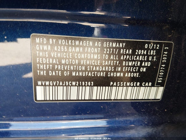 Aukcja sprzedaży 2012 Volkswagen Gti 4-door, vin: WVWGV7AJ9CW219363, numer aukcji: 45680322