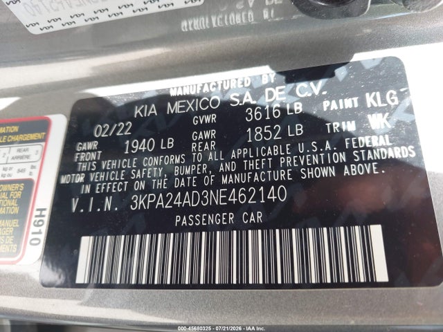 Aukcja sprzedaży 2022 Kia Rio S, vin: 3KPA24AD3NE462140, numer aukcji: 45680325