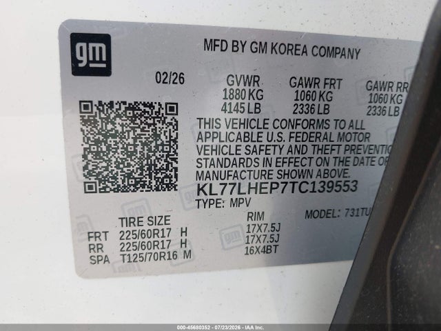 KL77LHEP7TC139553 Chevrolet Trax Fwd Lt