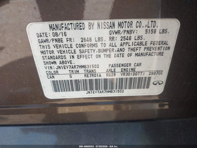 45680353 :رقم المزاد ، JN1EV7AR7HM831502 vin ، 2017 Infiniti Q50 3.0t Premium مزاد بيع