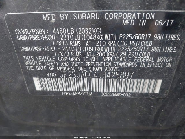 45680360 :رقم المزاد ، JF2SJAGC4JH425897 vin ، 2018 Subaru Forester 2.5i Premium مزاد بيع