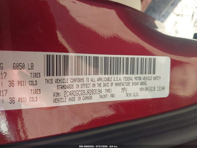 45680382 :رقم المزاد ، 2C4RDGCG9JR283194 vin ، 2018 Dodge Grand Caravan Sxt مزاد بيع