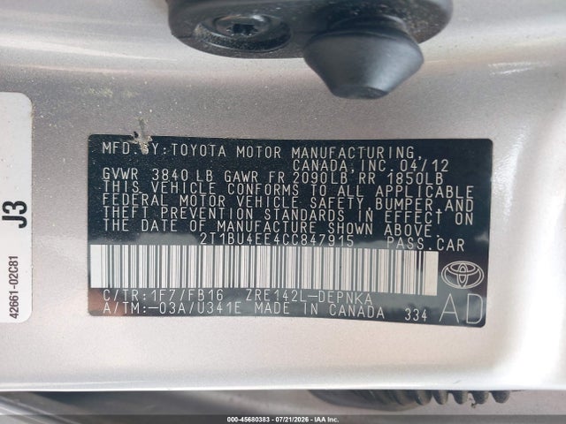 45680383 :رقم المزاد ، 2T1BU4EE4CC847915 vin ، 2012 Toyota Corolla Le مزاد بيع