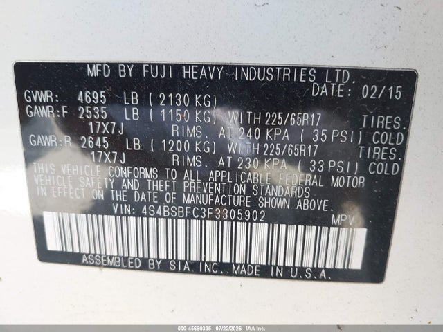 Продажа на аукционе авто 2015 Subaru Outback 2.5i Premium, vin: 4S4BSBFC3F3305902, номер лота: 45680395