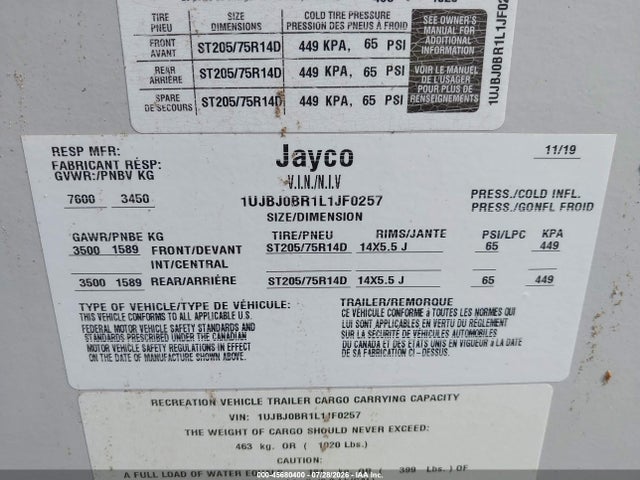 45680400 :رقم المزاد ، 1UJBJ0BR1L1JF0257 vin ، 2020 Jayco Jay Feather مزاد بيع