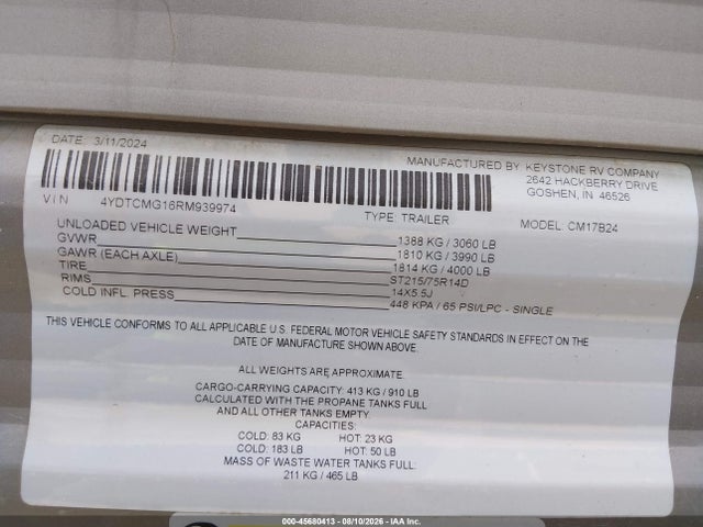 Продаж на аукціоні авто 2024 Coleman 17b, vin: 4YDTCMG16RM939974, номер лоту: 45680413