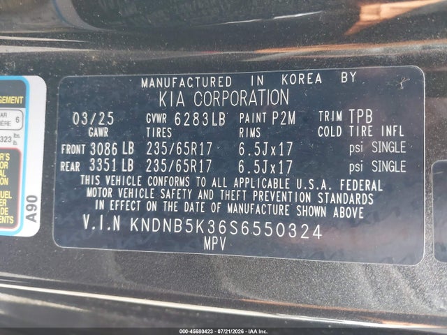 KNDNB5K36S6550324 KIA Carnival Mpv Lxs