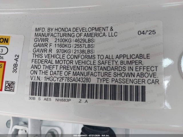 45680431 :رقم المزاد ، 1HGCY2F78SA043280 vin ، 2025 Honda Accord Hybrid Sport-l مزاد بيع