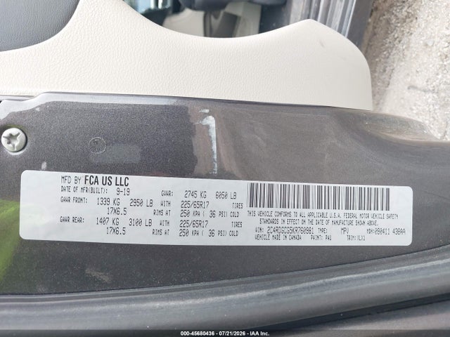 Aukcja sprzedaży 2019 Dodge Grand Caravan Sxt, vin: 2C4RDGCG5KR760981, numer aukcji: 45680436