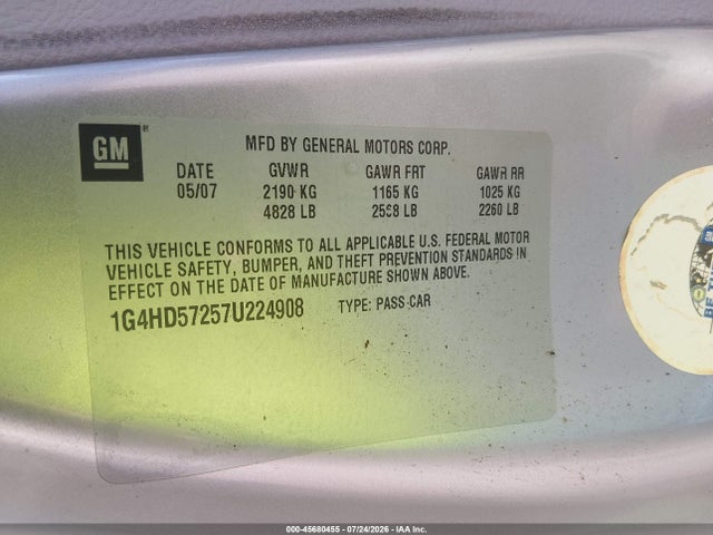 Aukcja sprzedaży 2007 Buick Lucerne Cxl, vin: 1G4HD57257U224908, numer aukcji: 45680455