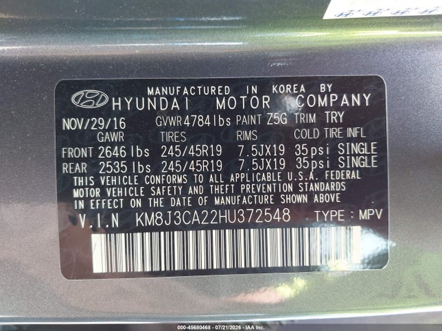 2017 Hyundai Tucson Limited მანქანა იყიდება აუქციონზე, vin: KM8J3CA22HU372548, აუქციონის ნომერი: 45680468