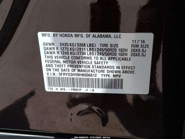 45680470 :رقم المزاد ، 5FRYD3H59HB006612 vin ، 2017 Acura Mdx Technology Package مزاد بيع