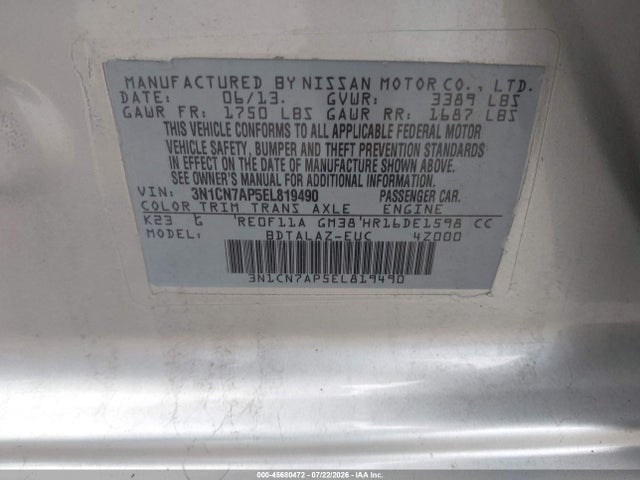 Auction sale of the 2014 Nissan Versa 1.6 S+, vin: 3N1CN7AP5EL819490, lot number: 45680472