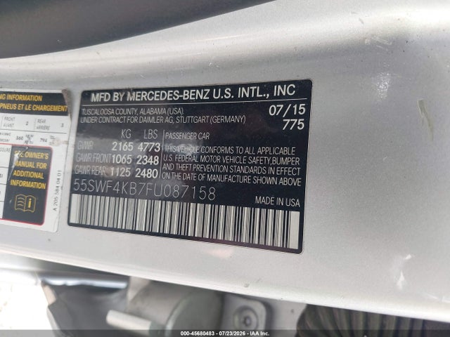 45680483 :رقم المزاد ، 55SWF4KB7FU087158 vin ، 2015 Mercedes-benz C 300 4matic مزاد بيع