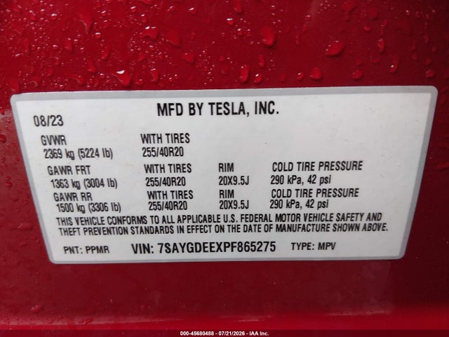 45680488 :رقم المزاد ، 7SAYGDEEXPF865275 vin ، 2023 Tesla Model Y Awd/long Range Dual Motor All-wheel Drive مزاد بيع