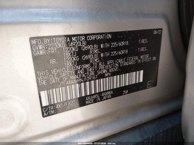45680498 :رقم المزاد ، JTEAAAAH8NJ109167 vin ، 2022 Toyota Venza Le مزاد بيع