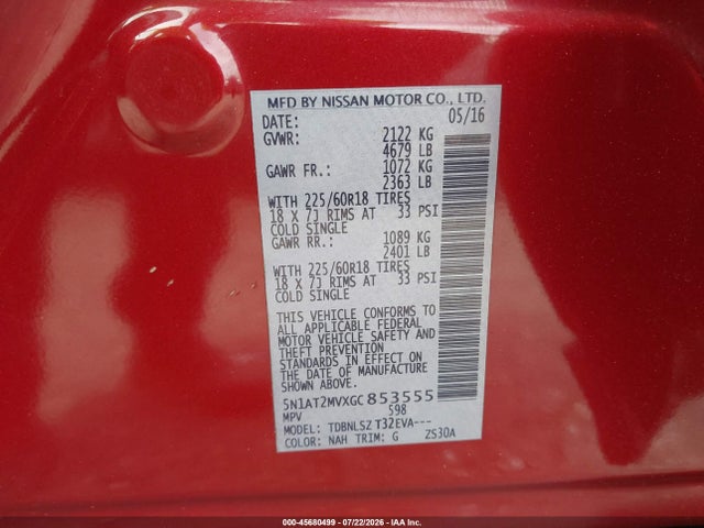 2016 Nissan Rogue Sl მანქანა იყიდება აუქციონზე, vin: 5N1AT2MVXGC853555, აუქციონის ნომერი: 45680499