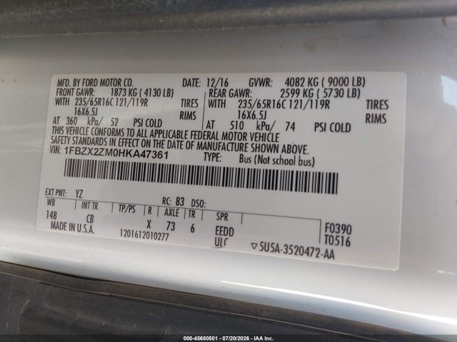 45680501 :رقم المزاد ، 1FBZX2ZM0HKA47361 vin ، 2017 Ford Transit-350 Xl مزاد بيع