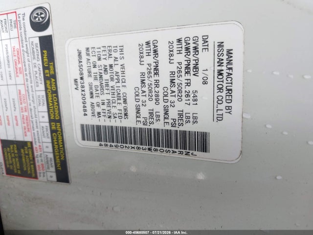 Продажа на аукционе авто 2008 Infiniti Fx35, vin: JNRAS08W38X209484, номер лота: 45680507