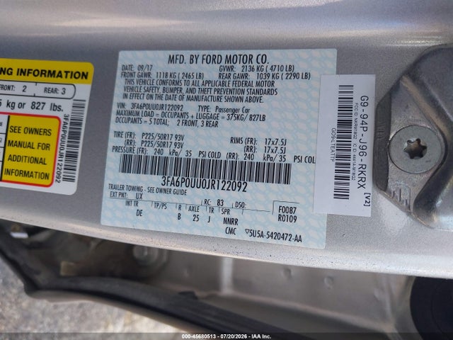 3FA6P0UU0JR122092 Ford Fusion Hybrid S