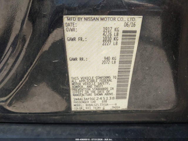 Продажа на аукционе авто 2016 Nissan Altima 2.5 S, vin: 1N4AL3AP3GC245138, номер лота: 45680518