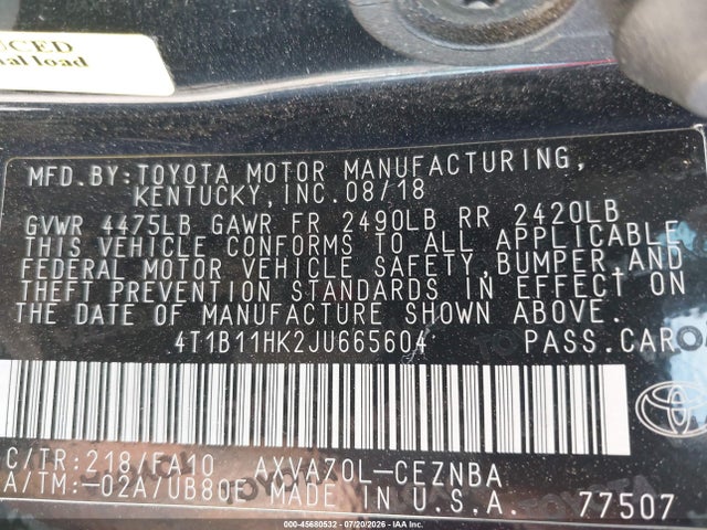 4T1B11HK2JU665604 Toyota CAMRY LE