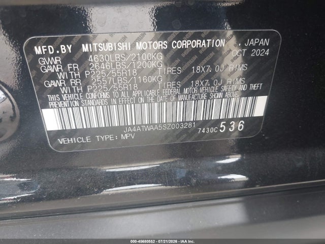 Aukcja sprzedaży 2025 Mitsubishi Eclipse Cross Se S-awc, vin: JA4ATWAA5SZ003281, numer aukcji: 45680552