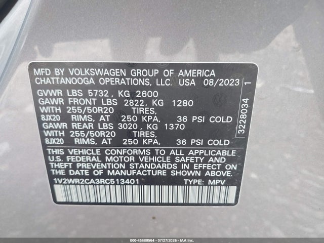 Aukcja sprzedaży 2024 Volkswagen Atlas 2.0t Se W/technology, vin: 1V2WR2CA3RC513401, numer aukcji: 45680564