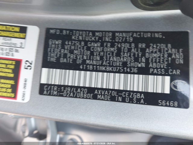 Продажа на аукционе авто 2019 Toyota Camry Xle, vin: 4T1B11HK8KU751436, номер лота: 45680576