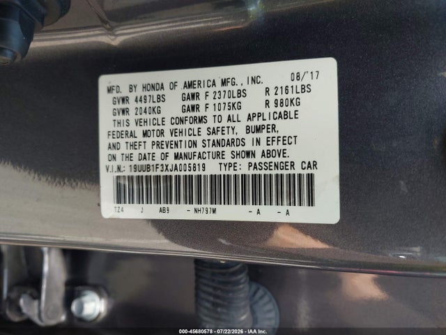 Auction sale of the 2018 Acura Tlx, vin: 19UUB1F3XJA005819, lot number: 45680578