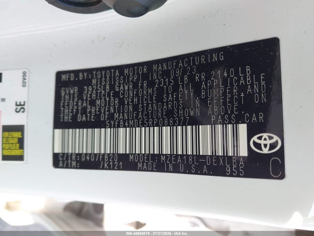 2024 Toyota Corolla Le მანქანა იყიდება აუქციონზე, vin: 5YFB4MDE5RP088377, აუქციონის ნომერი: 45680579