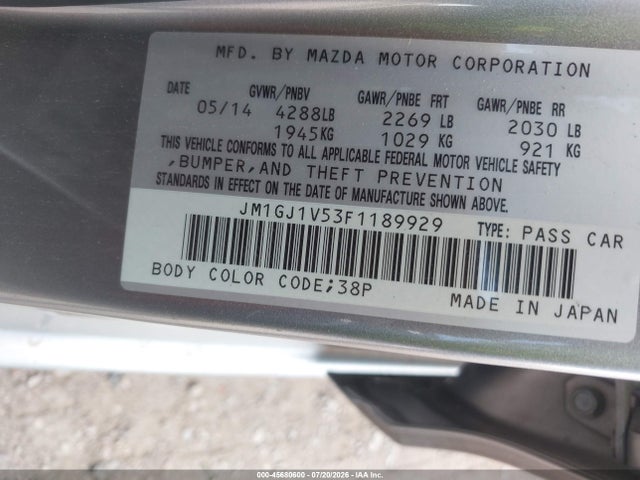 45680600 :رقم المزاد ، JM1GJ1V53F1189929 vin ، 2015 Mazda Mazda6 I Touring مزاد بيع