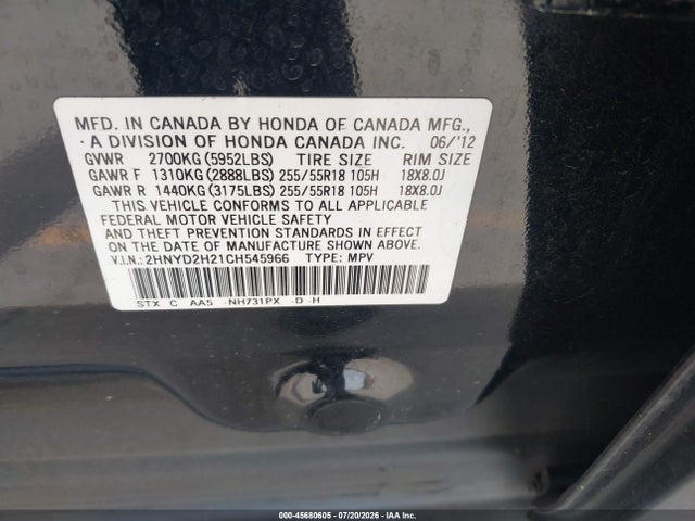 Продажа на аукционе авто 2012 Acura Mdx, vin: 2HNYD2H21CH545966, номер лота: 45680605