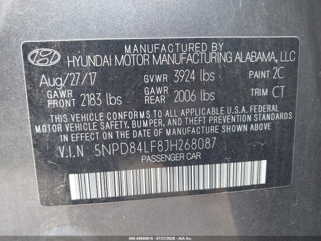 Продаж на аукціоні авто 2018 Hyundai Elantra Value Edition, vin: 5NPD84LF8JH268087, номер лоту: 45680610