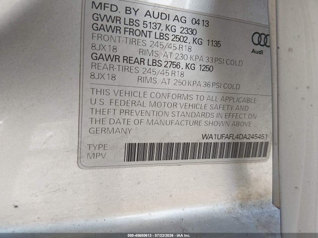 Продаж на аукціоні авто 2013 Audi Allroad 2.0t Premium Plus, vin: WA1UFAFL4DA245451, номер лоту: 45680613