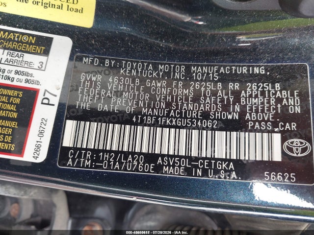 Toyota CAMRY XLE 2016 4T1BF1FKXGU534062 Image 9